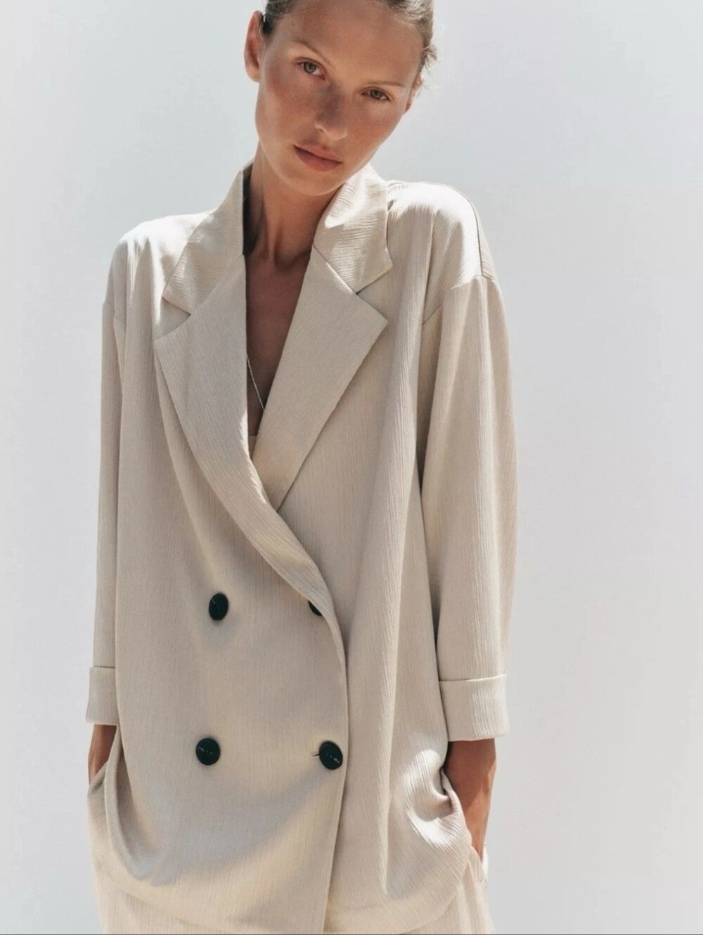 Sz L ZARA OVERSIZE WRINKLED DOUBLE BREASTED BLAZER SOFT GOLD 4388/630/307
